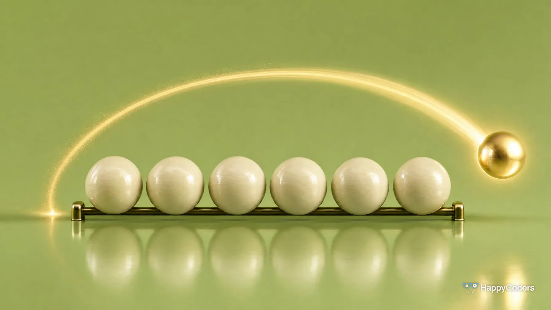Six cream wooden spheres in a row on a brass rail against pistachio green; a gold sphere jumps on an arc of light from the back of the line to its front