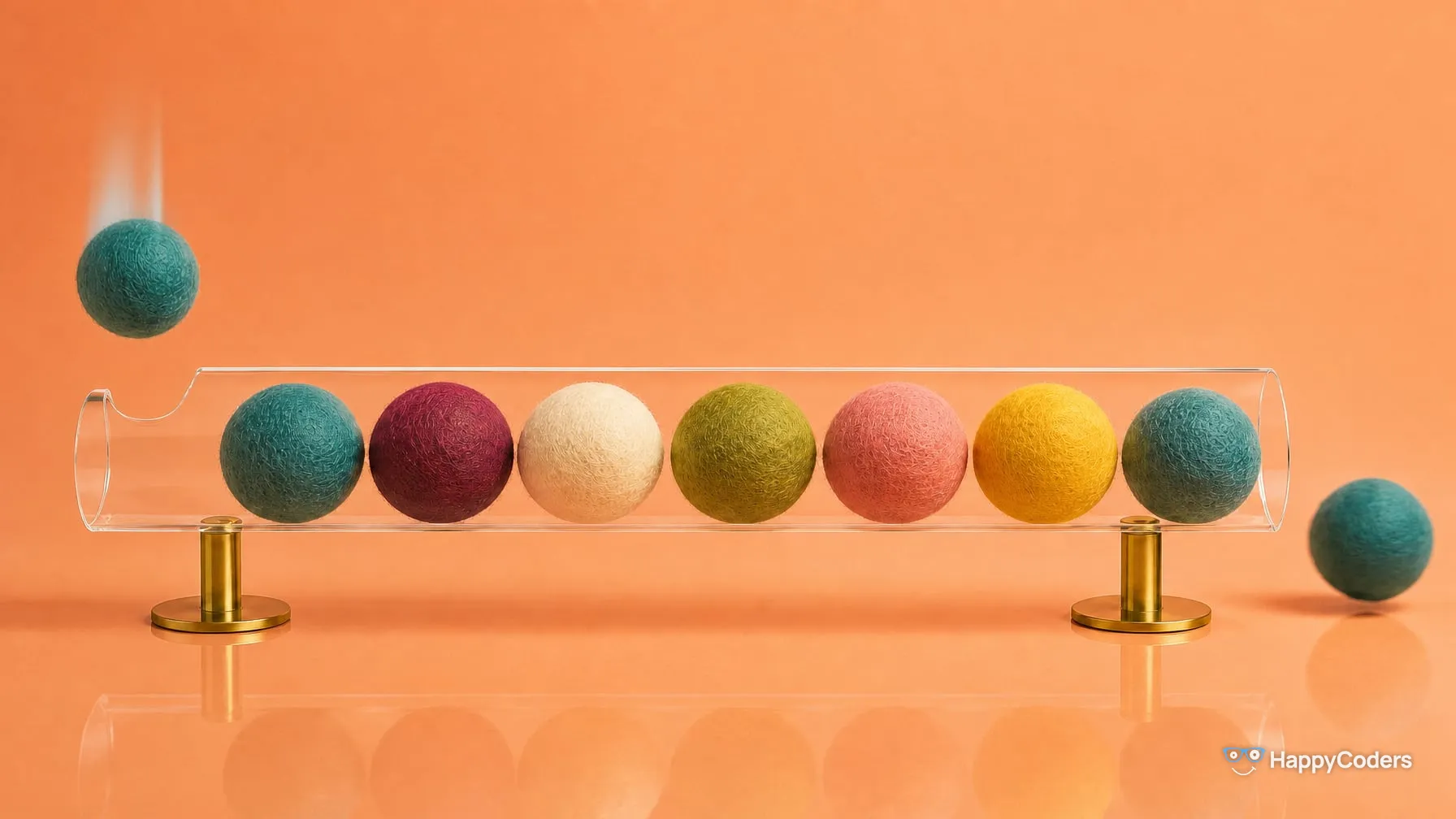 Seven felt balls in a row in an acrylic channel on brass supports against apricot; a new ball drops in on the left, the front one rolls out on the right