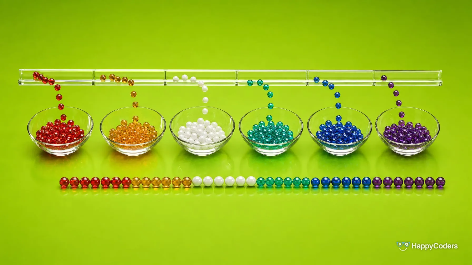 Glass marbles in red, amber, white, teal, blue and violet fall from a glass tube into six glass bowls against lime green, each color into its own; in front, they lie in one row grouped by color in the same order
