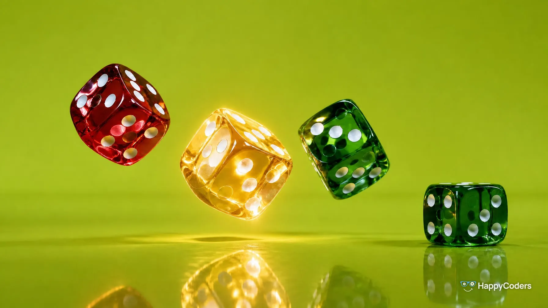 Three translucent dice of red, amber and green glass fly through the air against lime green, the middle one glowing from within; on the right, a fourth, green die has already landed