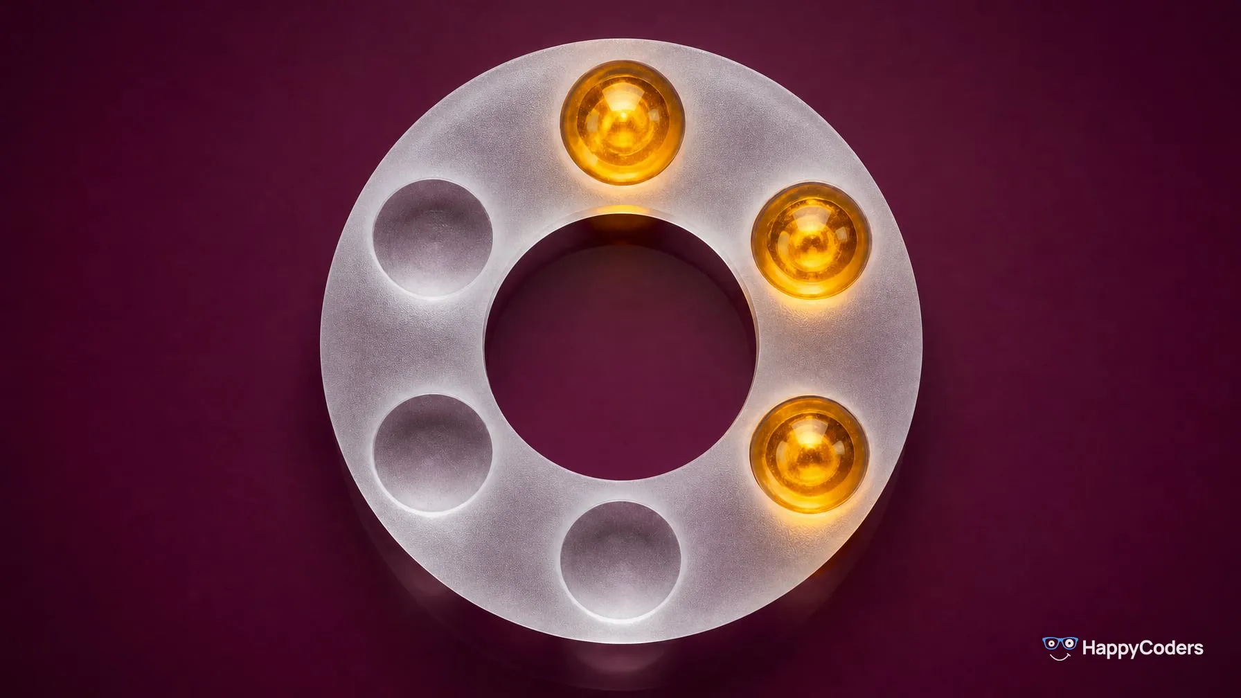 A thick ring of frosted glass on plum, seen from directly above: six round hollows at equal spacing; the three hollows at the top and on the right each hold a glowing amber sphere, the three on the left and at the bottom are empty