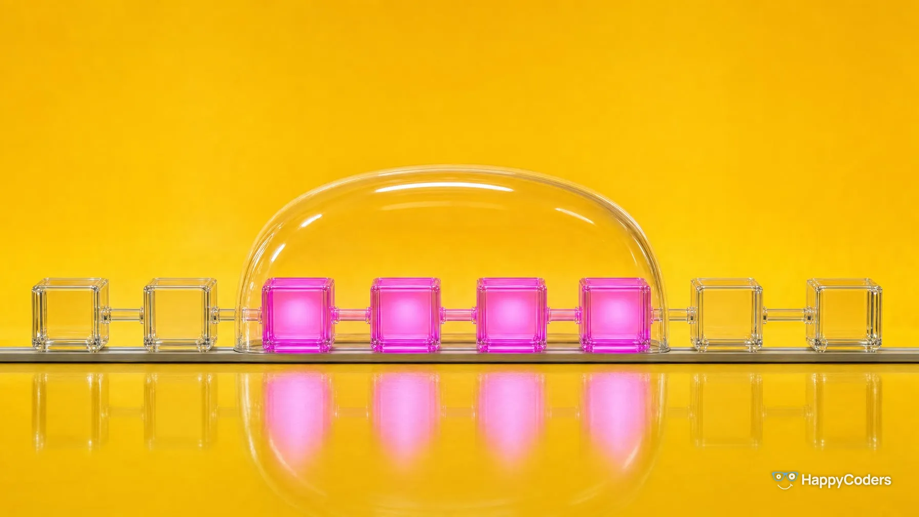 Seven linked glass cubes on a rail against sunflower yellow: a glass dome covers the middle four, which glow magenta, while the three outside stay clear