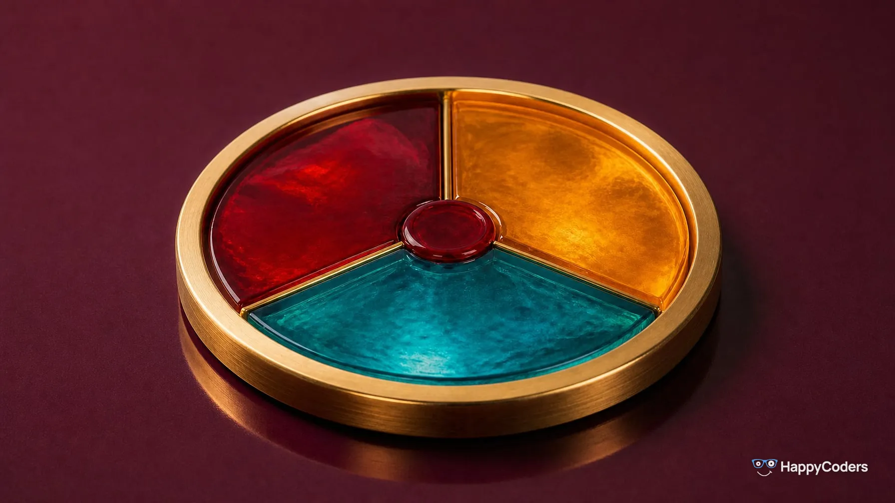 A flat brass ring on plum, completely filled by three glass wedges in ruby, amber and turquoise; a red wax seal sits in the middle where they meet