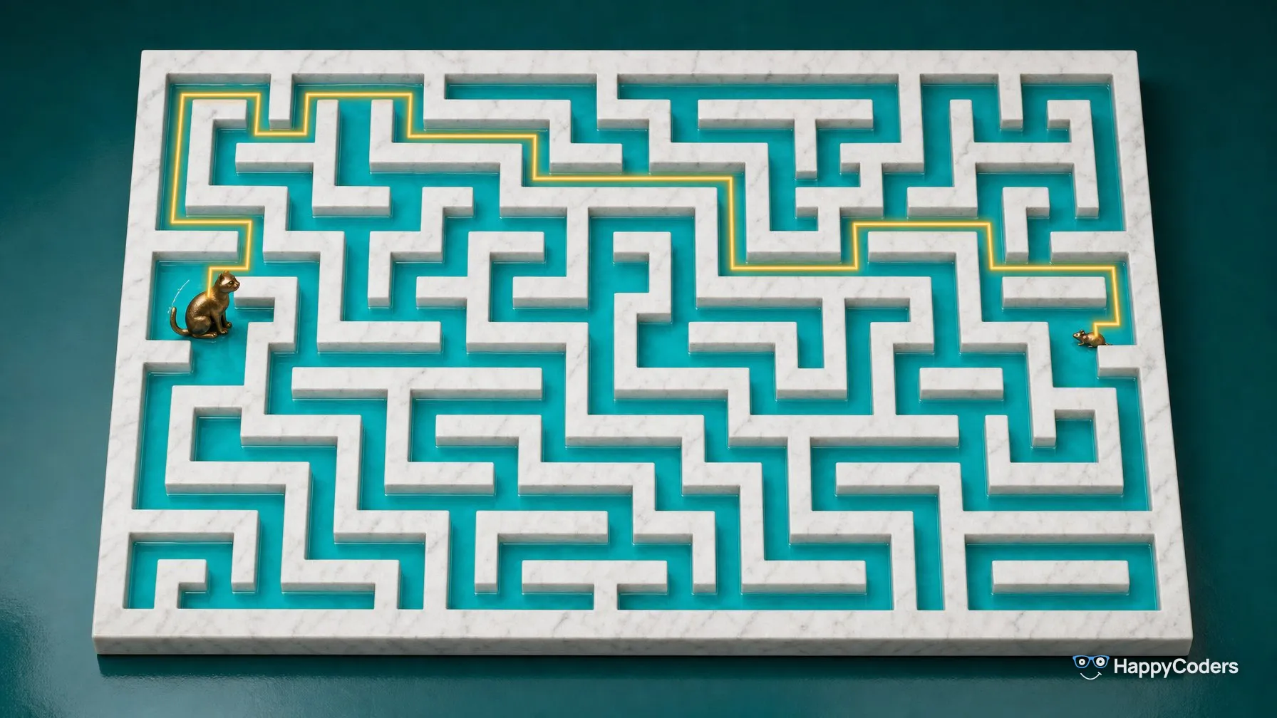 A white marble maze with turquoise water in its corridors on deep teal – a glowing amber line runs from a brass cat on the left through the corridors to a brass mouse on the right