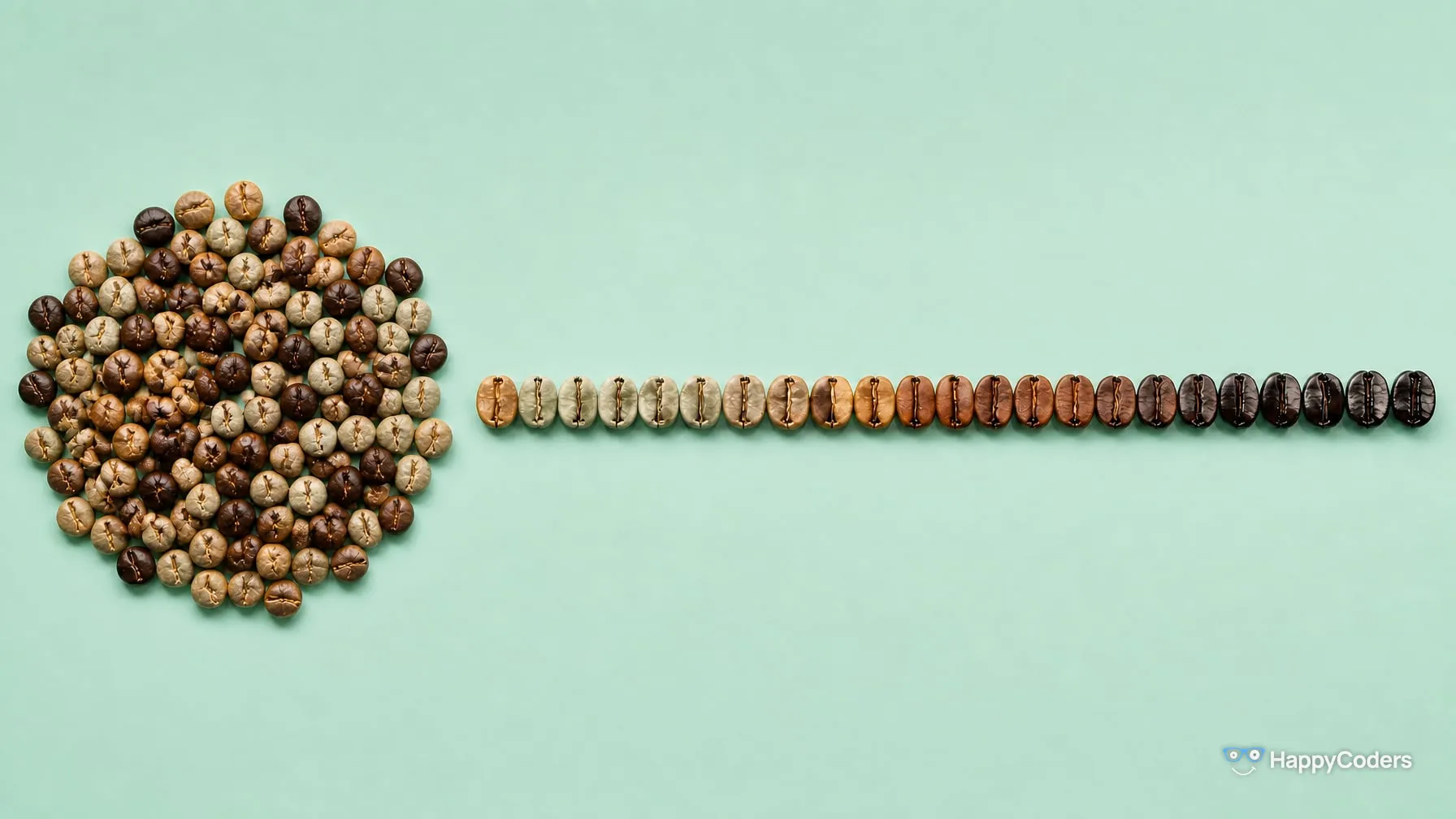 Coffee beans on mint – on the left a mixed heap of raw green, light, medium and dark roasted beans, next to it the same beans in one line, ordered from raw green to nearly black