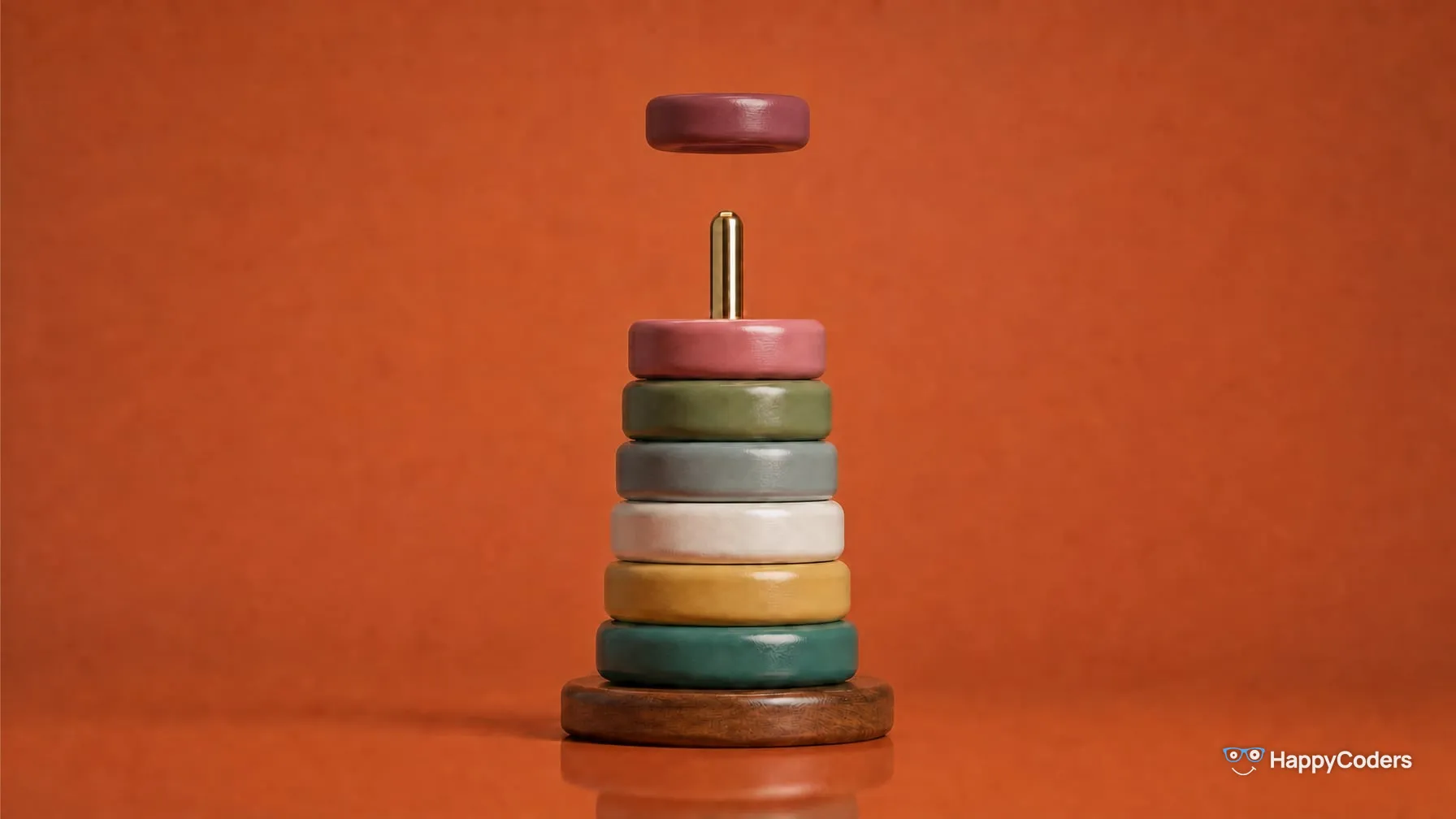 Six lacquered wooden rings in teal, mustard, cream, grey-blue, olive and rose on a brass spindle against terracotta; a seventh, plum-colored ring floats above the tip of the spindle