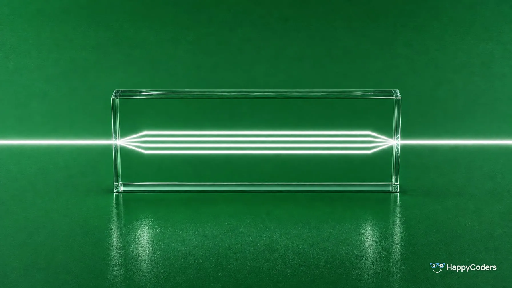 A white beam of light enters a clear glass frame on emerald green, splits inside it into four parallel beams that merge again at the frame's right edge and leave as one beam