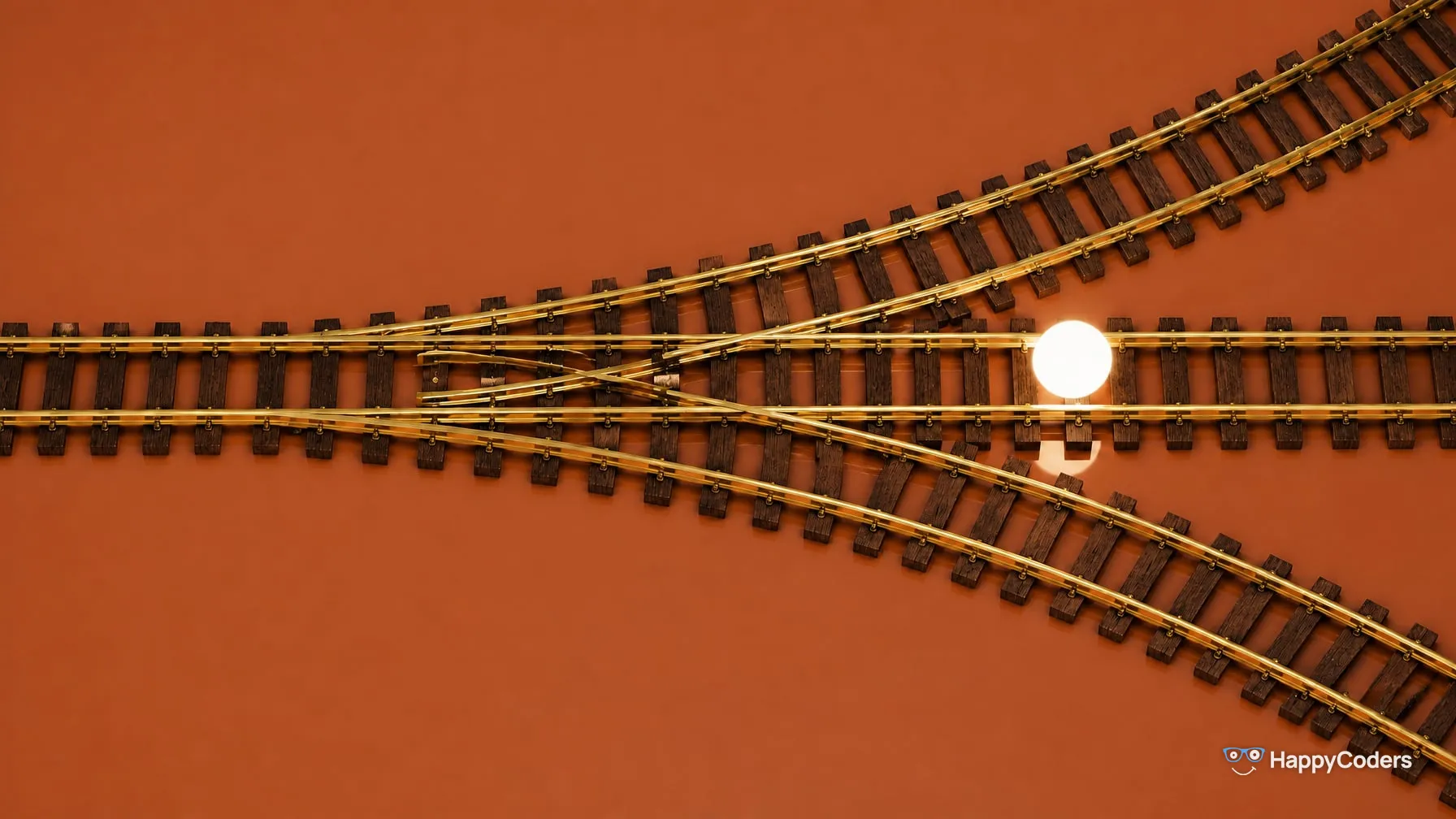 Brass model railway track on terracotta, seen from above: one track splits at a set of points into three, and a glowing white sphere rolls onto the middle one