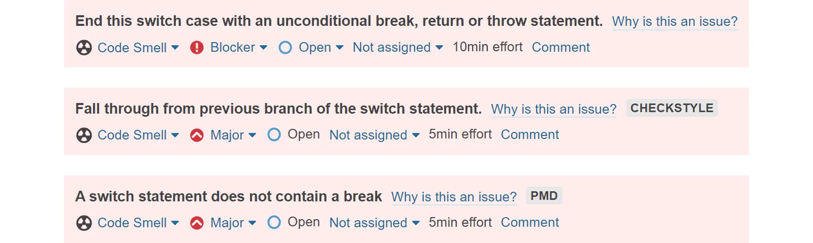 Static code analysis (SCA) warnings for “switch” statements without “break”