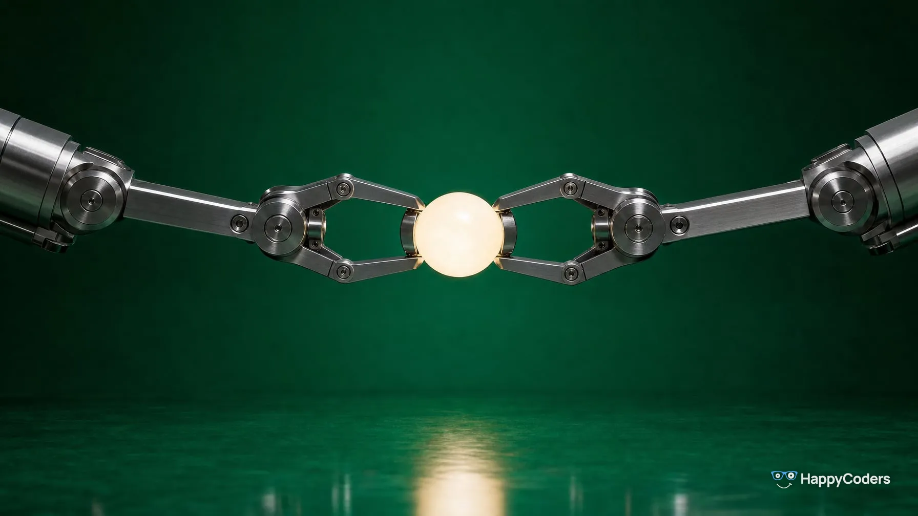 Two stainless-steel gripper arms against emerald green reach in from the left and right and grip the same glowing white sphere; below it, its light reflects on the empty glossy floor