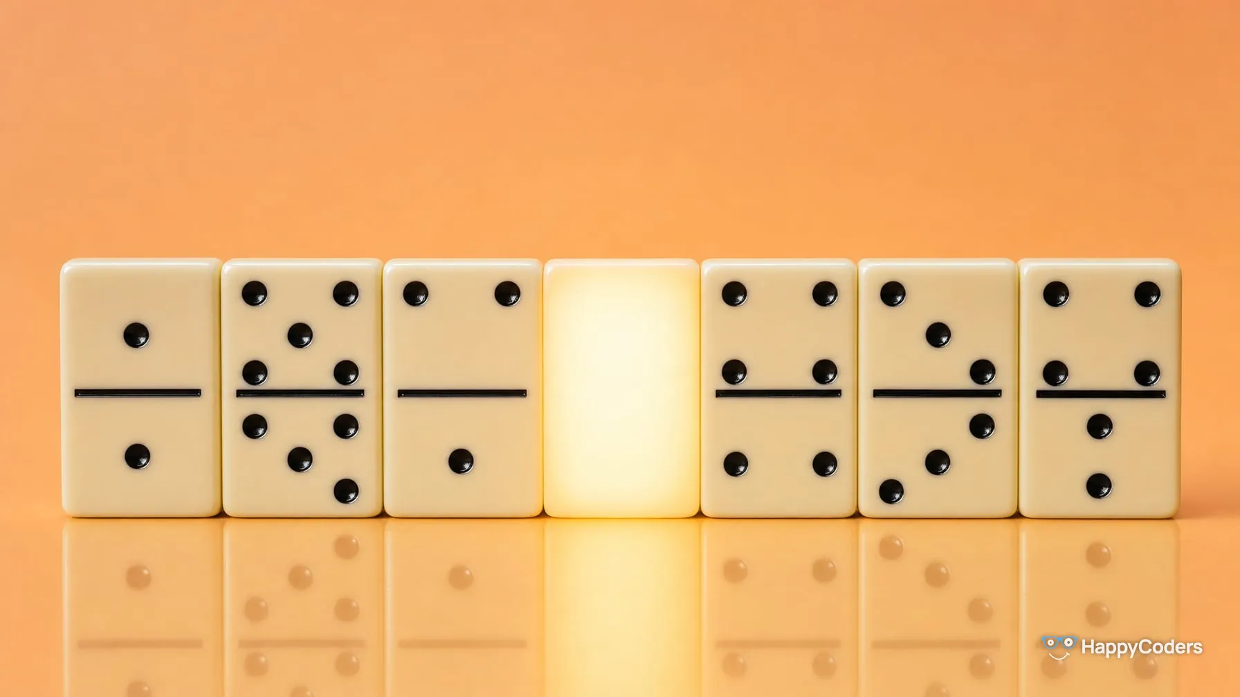 Seven dominoes in a row on apricot – the middle one is a blank tile without pips, glowing warmly
