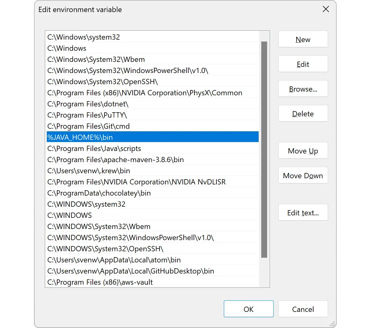 Adding “%JAVA_HOME%\bin” to the “Path” system variable