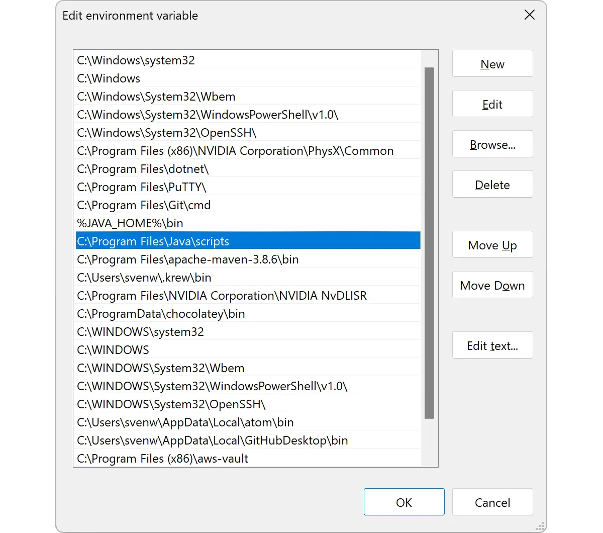 Adding “C:\Program Files\Java\scripts” to the “Path” system variable